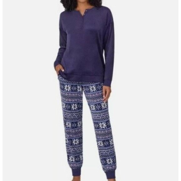NWT Nautica Women's 2 Piece Fleece Pajama Sleepwear Set | Blue Snow | Small - Picture 1 of 4